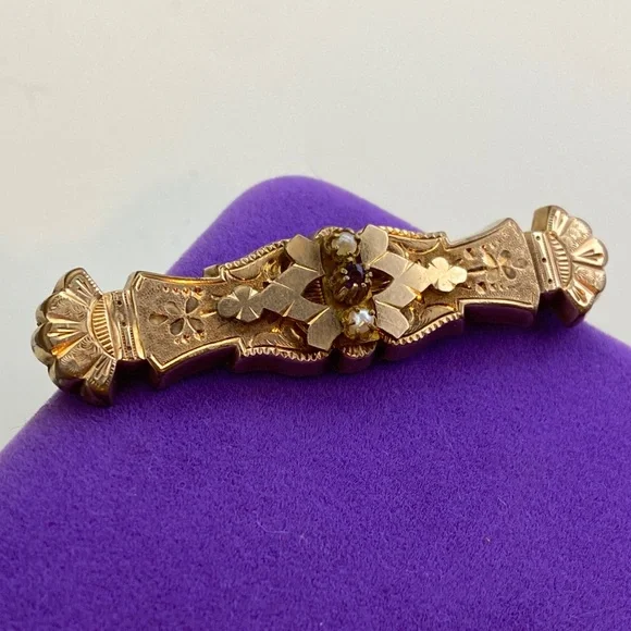 💛 Antique Gold Filled Ornate Seed Pearl & Paste Stone | Romantic Statement - Picture 2 of 9